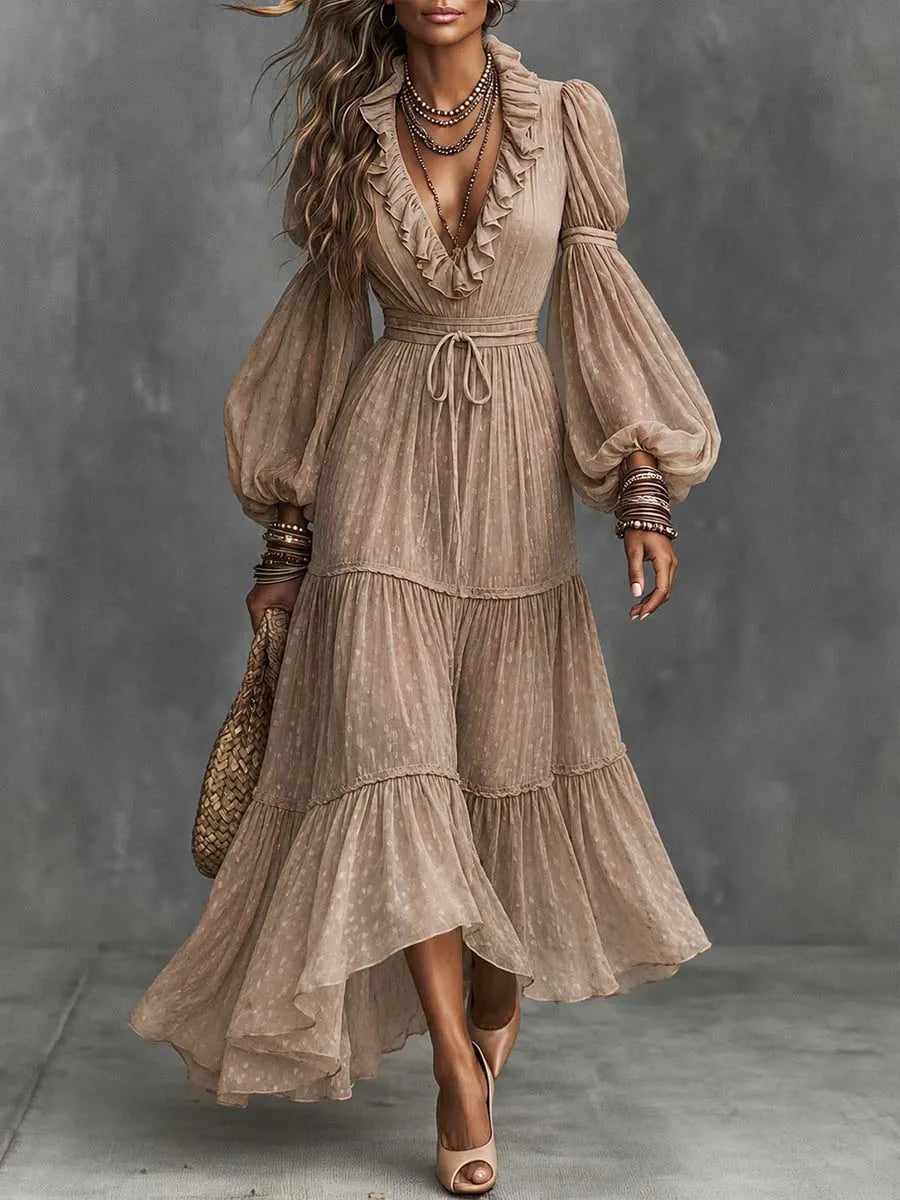 Boho Tiered Ruffle Deep V Balloon Sleeve Maxi Dress