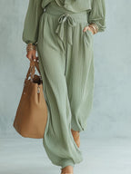 Ethereal Ruffled V-Neck Belted Wide-Leg Set