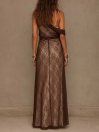 Asymmetrical Draped Sheer Tencel And Lace Maxi Dress Two Piece Set