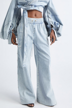 Women Collar Patchwork Top+ Pants Casual Denim Suit