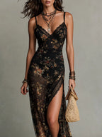 Vintage Floral Print Lace-trim High-slit Maxi Dress