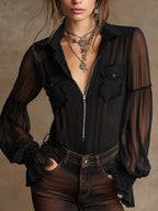 Gothic Collared Zip Front Ruffle Pocket Sheer Puff Sleeve Blouse