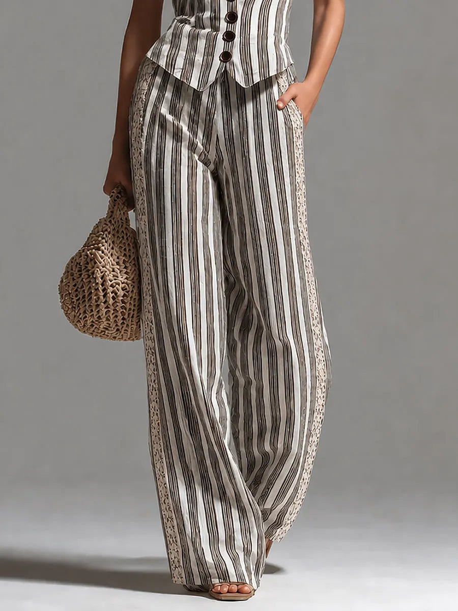 Retro Striped Slim-Fit Vest & Lace-Trimmed Wide-Leg Pants Set