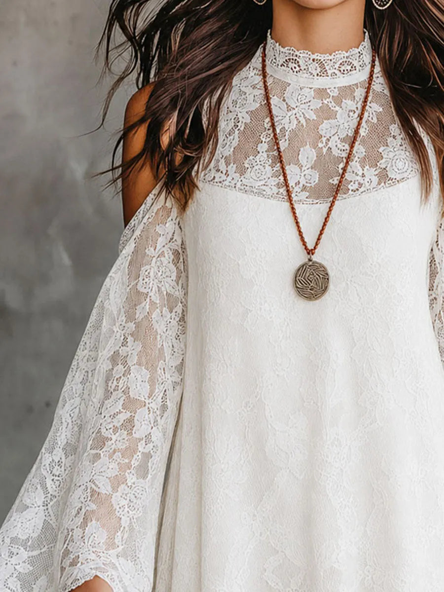 Boho Romantic  White Lace Cold-Shoulder Mini Dress With Flared Sleeves