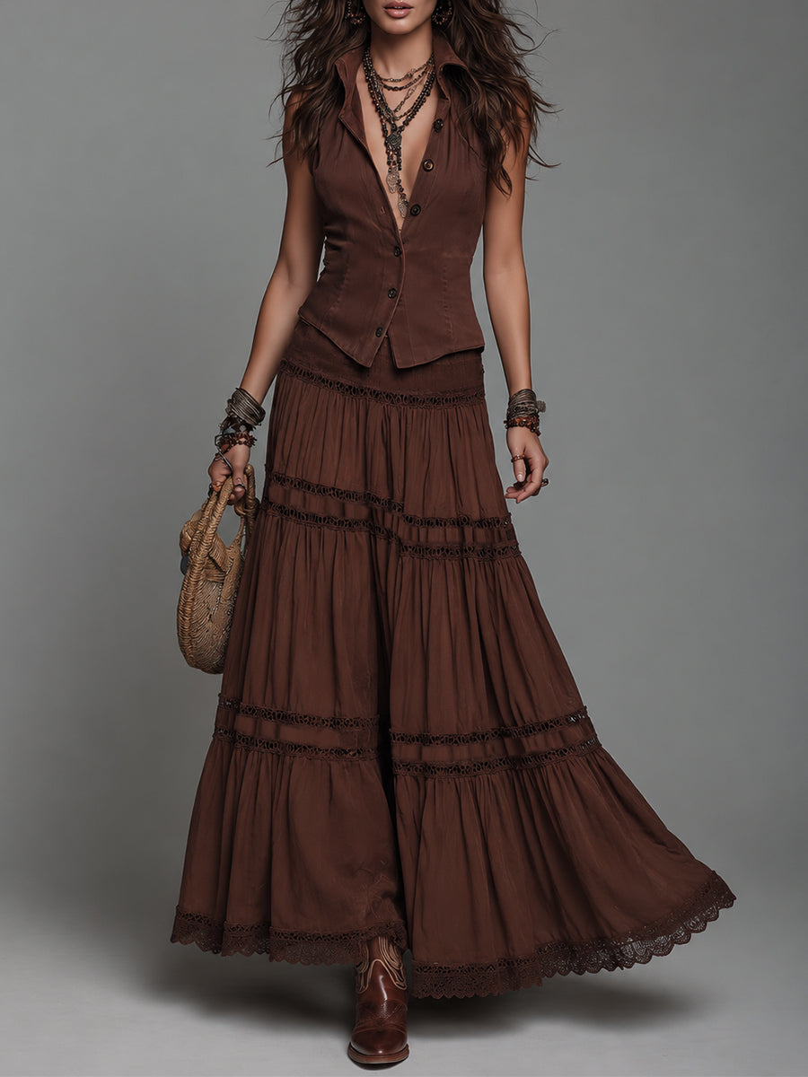 Vintage Washed Sleeveless Blouse & Lace-Trimmed Skirt Set