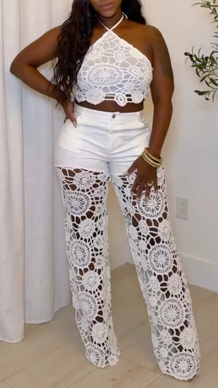 White Crochet Halter Top & Openwork Wide-Leg Pants Set