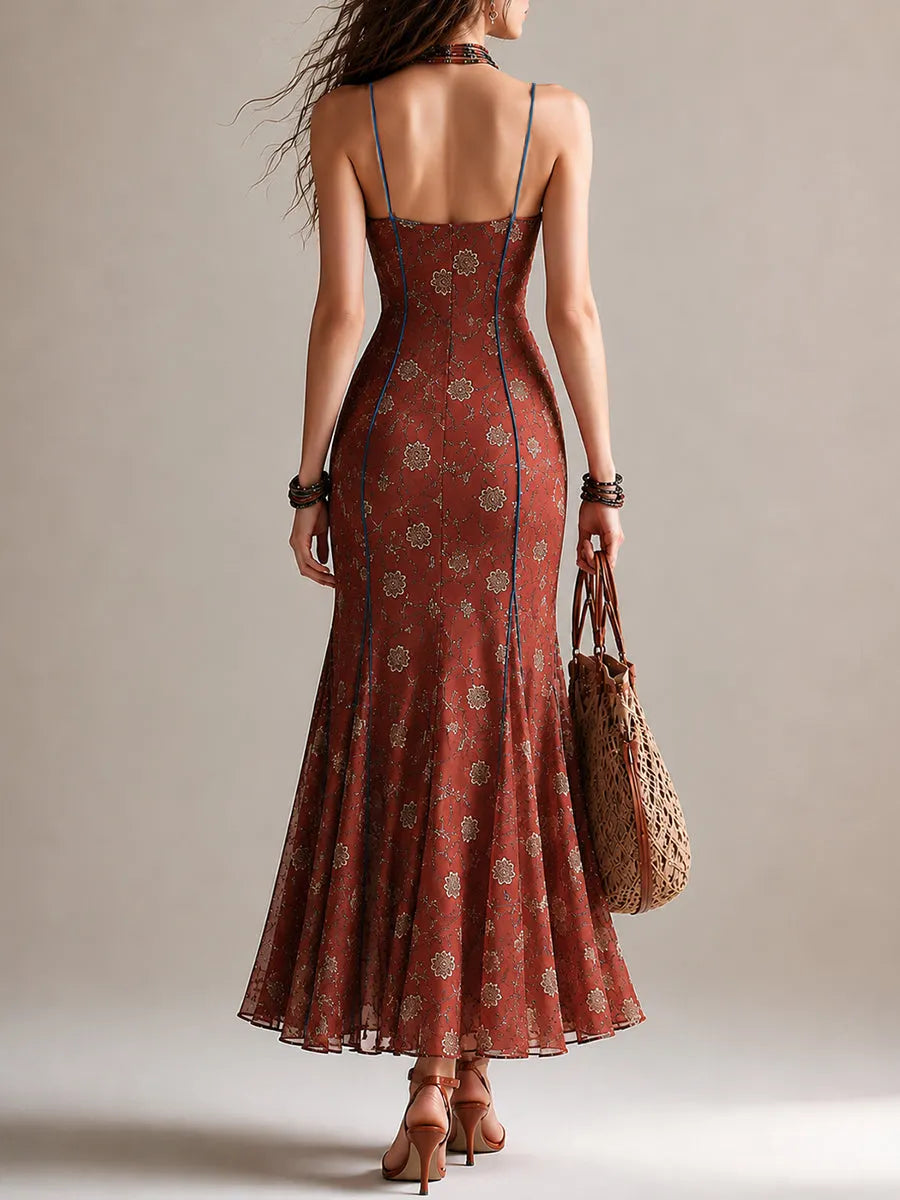 Elegant Printed Chiffon High-slit Mermaid Camisole Maxi Dress