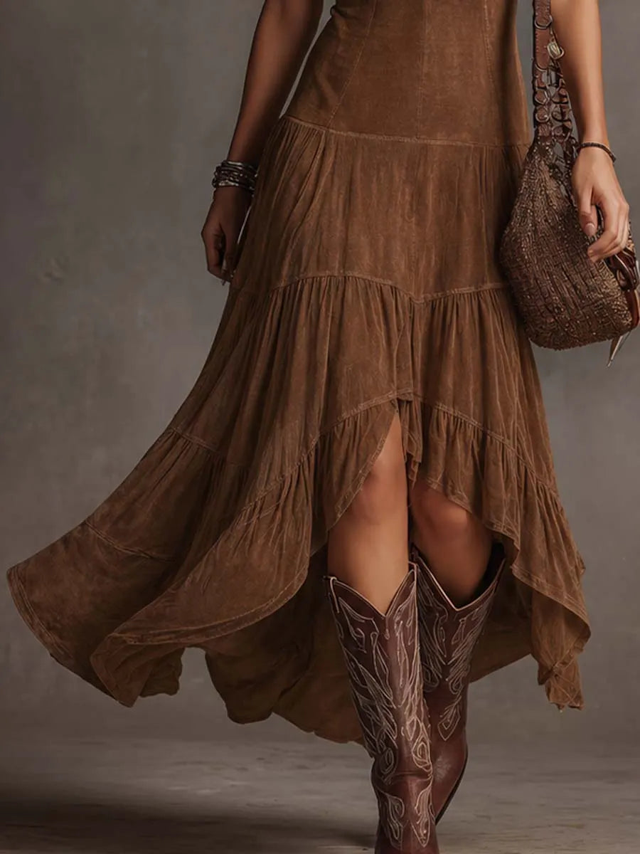 Retro Fringed-Collar Lightweight Suede Midi Dress