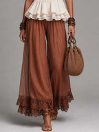 Bohemian Two-Tone Halter Peplum Top & Lace-Trimmed Wide-Leg Pants Set
