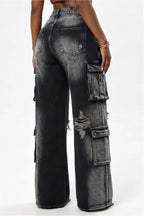 Black Acid-Wash Layered-Waist Distressed Cargo Jeans