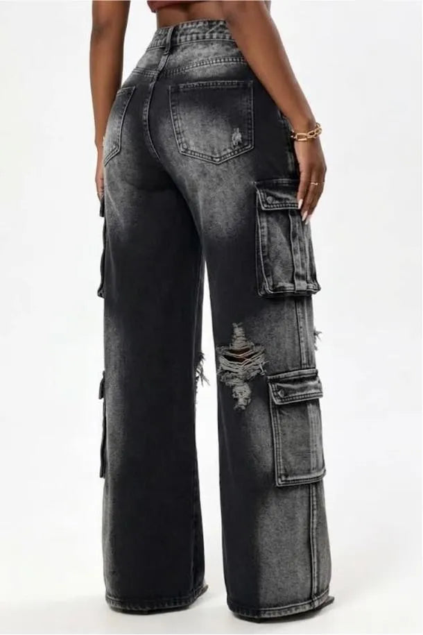Black Acid-Wash Layered-Waist Distressed Cargo Jeans