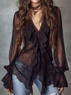 Retro Romantic Black Lace Trim Sheer Chiffon Ruffle Blouse