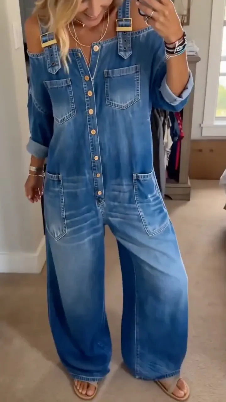 Blue Denim Off‐Shoulder Wide Leg Jumpsuit