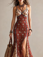 Elegant Printed Chiffon High-slit Mermaid Camisole Maxi Dress