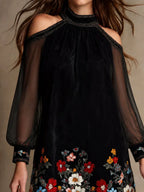Boho Velvet Floral Embroidery Cold Shoulder Mini Dress With Sheer Sleeve