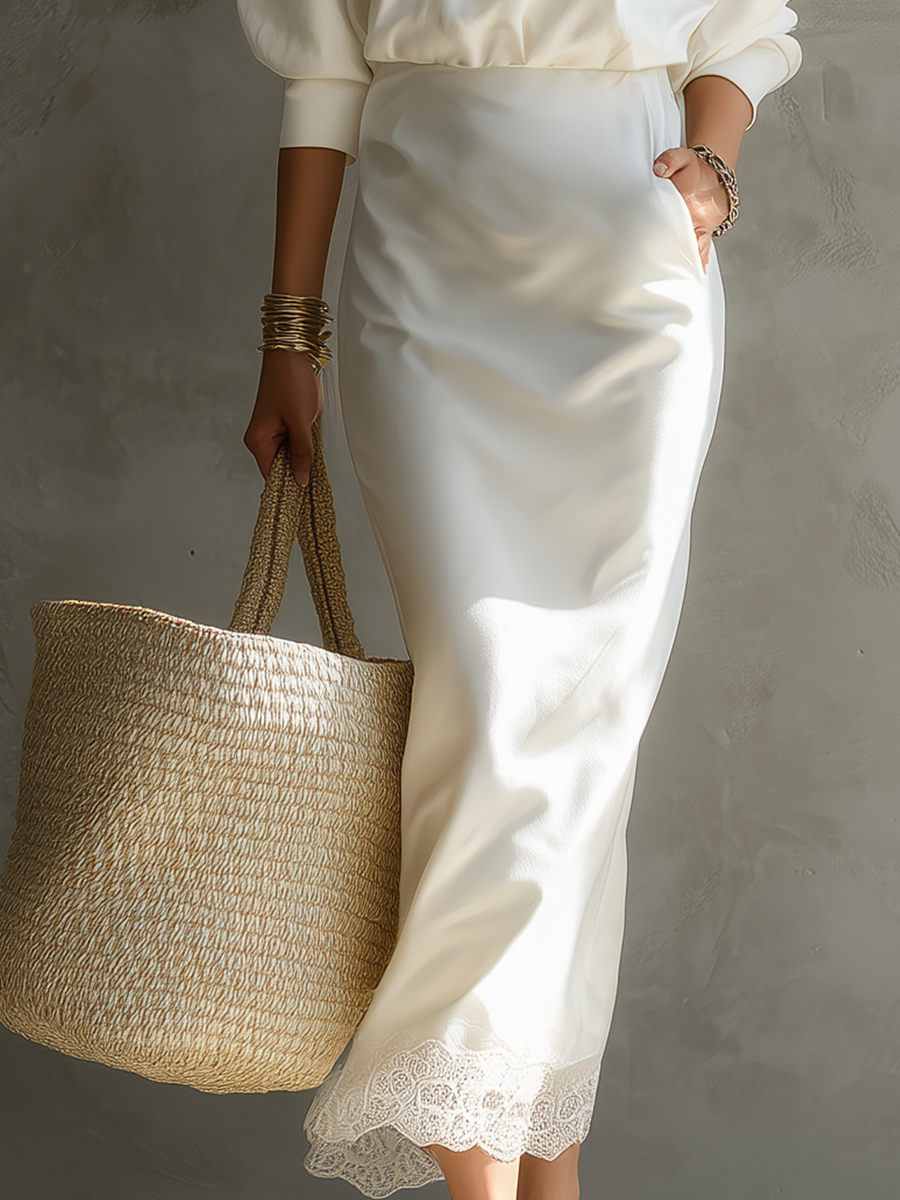 Refined Blouson Top & Lace Hem Midi Skirt Set