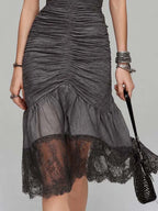 Charcoal Gray Crinkled Tencel & Lace Halter Ruched Midi Dress