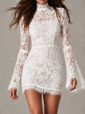 Boho Romantic White Lace High-Neck Mini Dress With Long Bell Sleeves
