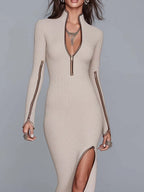Retro color-blocking Ribbed Knit Zip-Front Bodycon Midi Dress with Thigh Slit