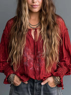 Boho Red Tie-Neck Smocked Cuff Blouse